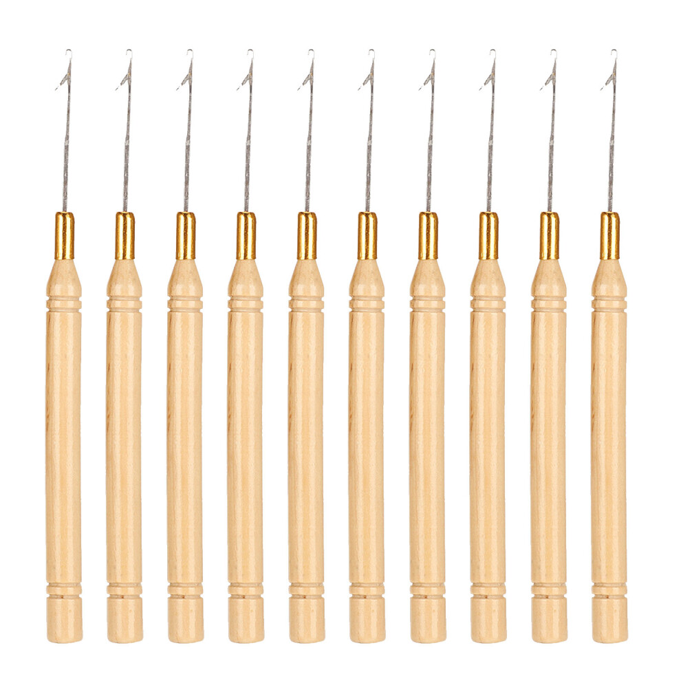 10pcs Hook Needle Wooden Handle Hair Extension Hook Needle Wig Tools