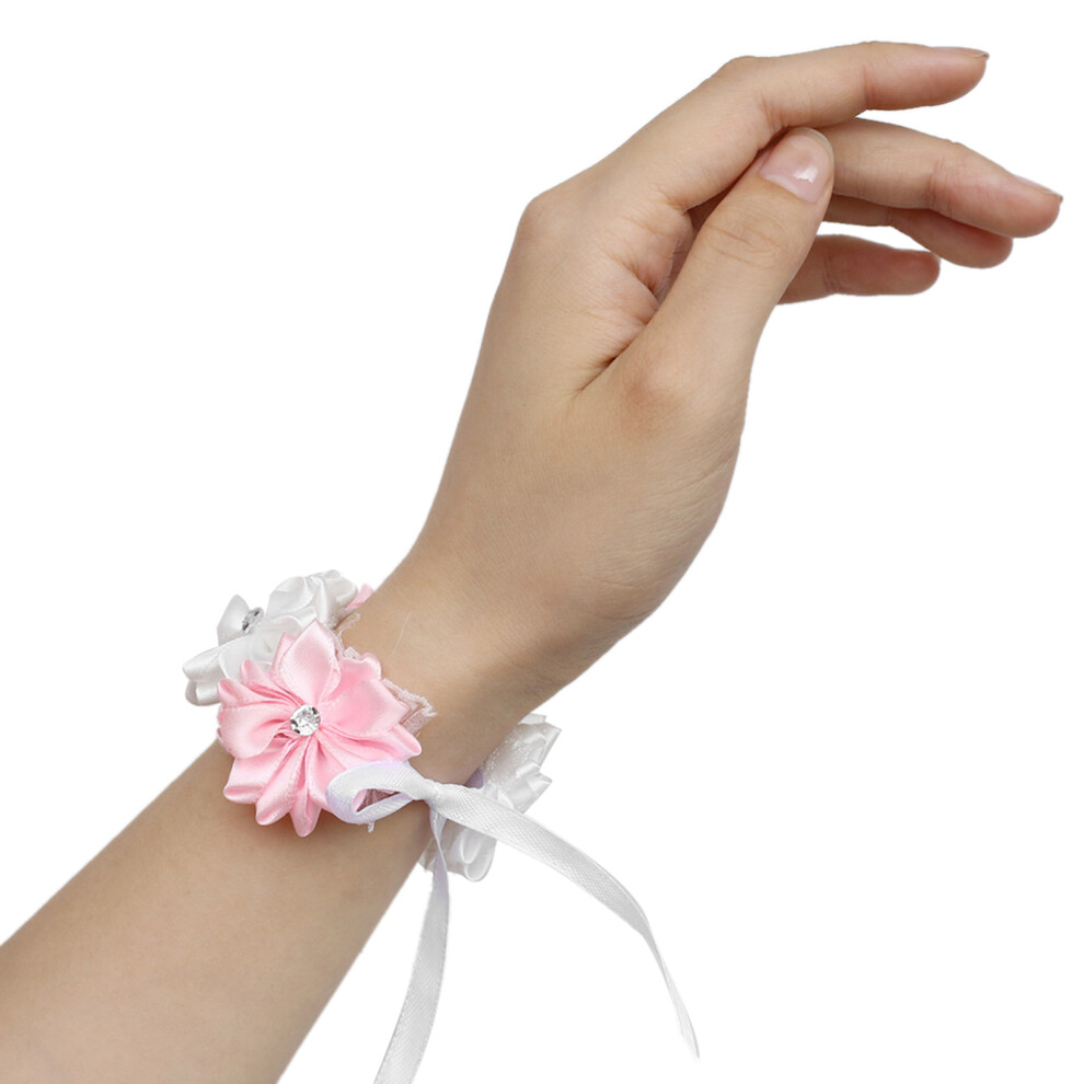 6Pcs Beautiful Bride Bridesmaids Simulation Ribbon Wrist Flower Wedding Decoration Accessories(Pink White )-image-OPC-PHW9MCT-NEW