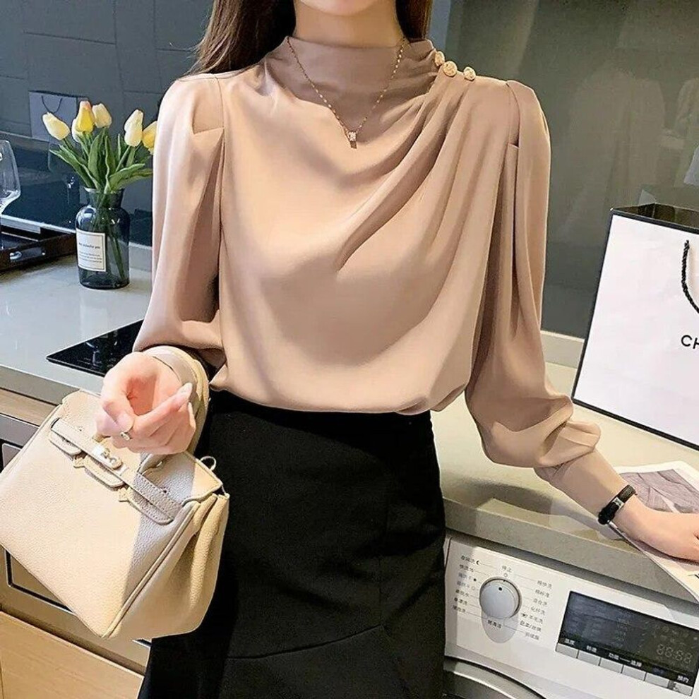 (XL, pink) Elegant Long Sleeve Womens Shirts Fashion Chiffon Blouse Women Autumn Bottoming Woman Tops Female Clothing 30128