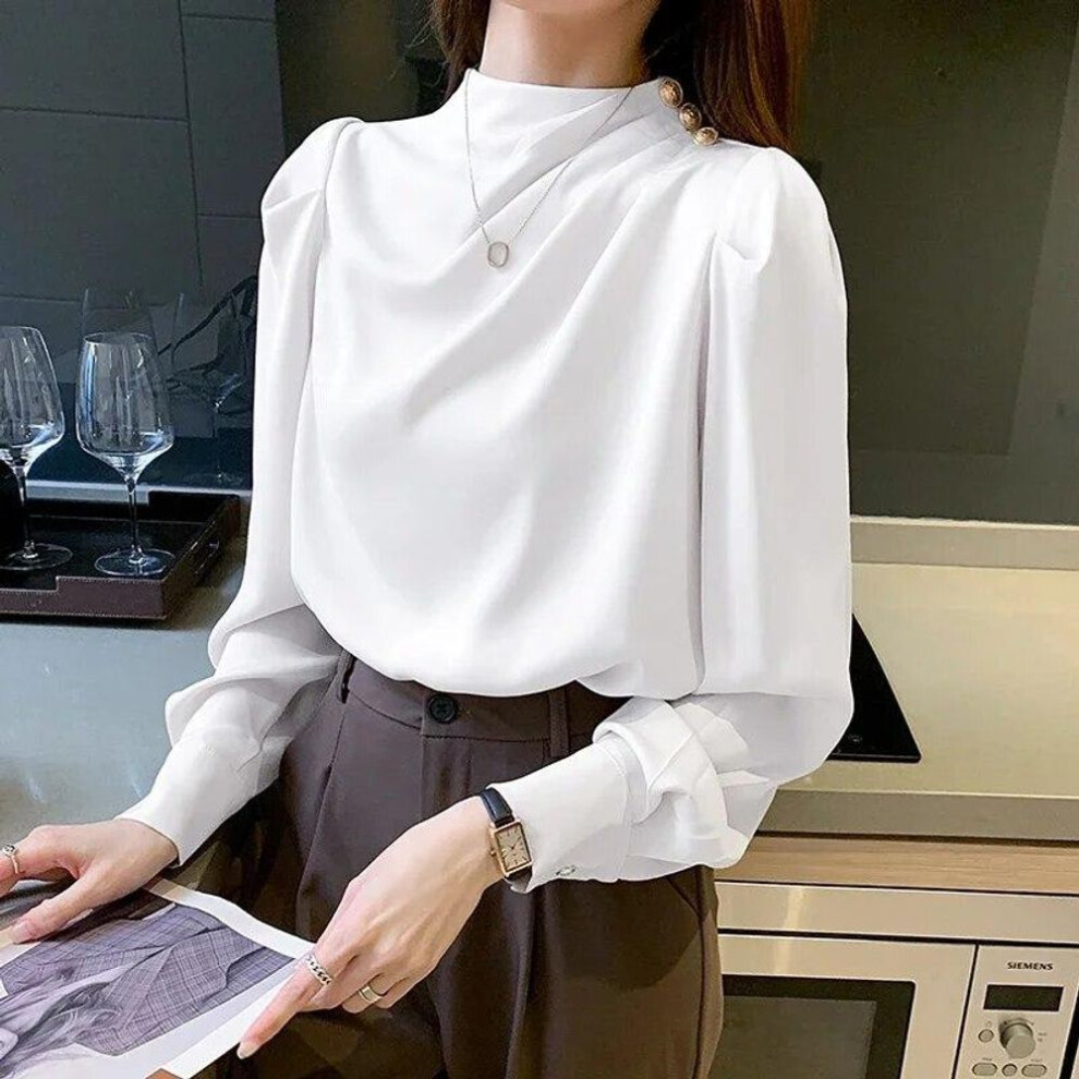 (XXL, white) Elegant Long Sleeve Womens Shirts Fashion Chiffon Blouse Women Autumn Bottoming Woman Tops Female Clothing 30128