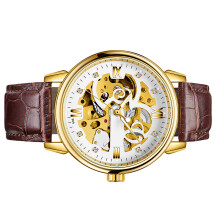 TEVISE Men Watches Automatic Mechanical Skeleton Diamond-Studded Watch Genuine Leather Band Luminous Hands 3ATM Waterproof Male Fashion Wri