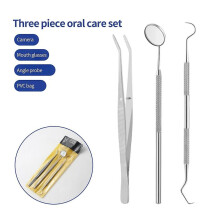 Set of 3Pcs Dental Tools Set with Box Dental Mirror Tartar Removal Gold Probe Crochet Calculus Hoe Pet