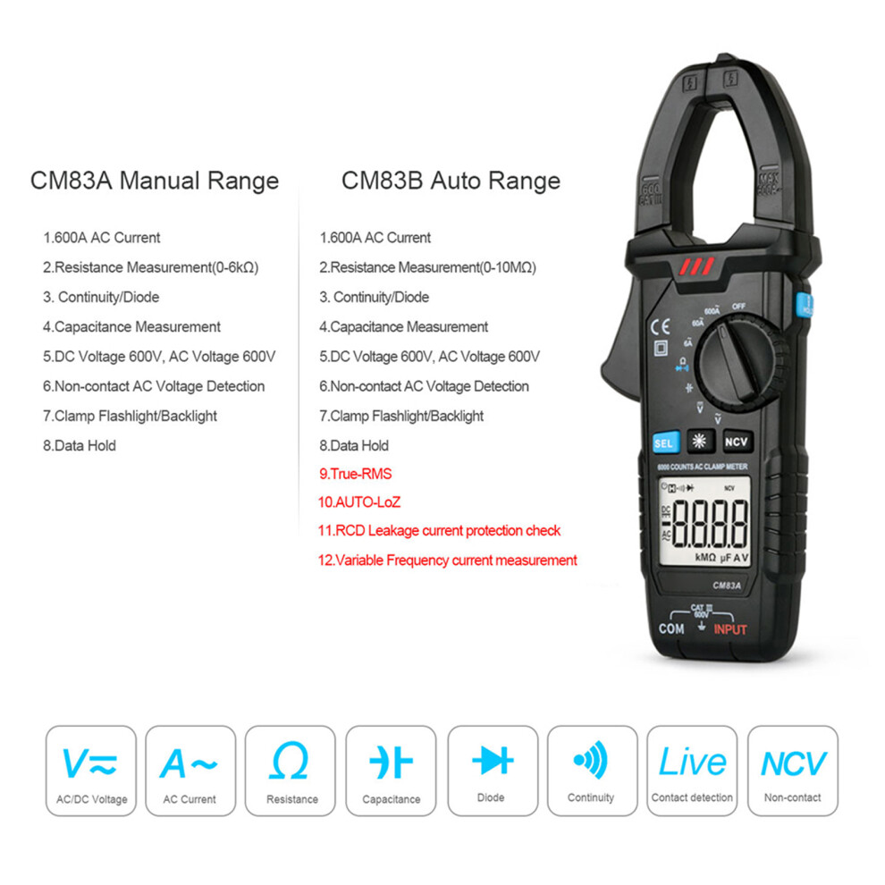 Mestek Digital Clamp Meter 600A Ac Current 600V Ac/Dc Voltage Capacitance Measurement Data Hold Backlight Ncv Tester Multimeter 8171323905975