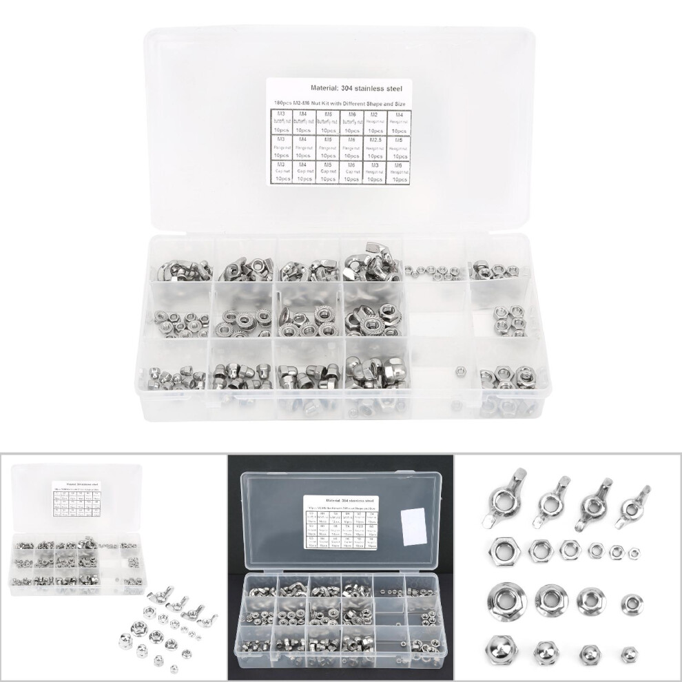 180Pcs Stainless Steel Nuts Kit Wing Flange Cap Hex Nuts M2 M2.5 M3 M4 M5 M6 6931323938005