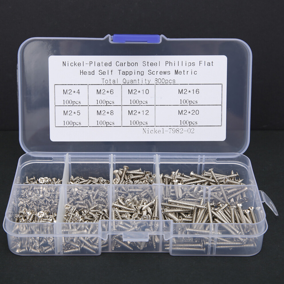 800Pcs Box M2 Carbon Steel Nickel Plated Cross Countersunk Head Self Tapping Screw Combination Set 7891323940769