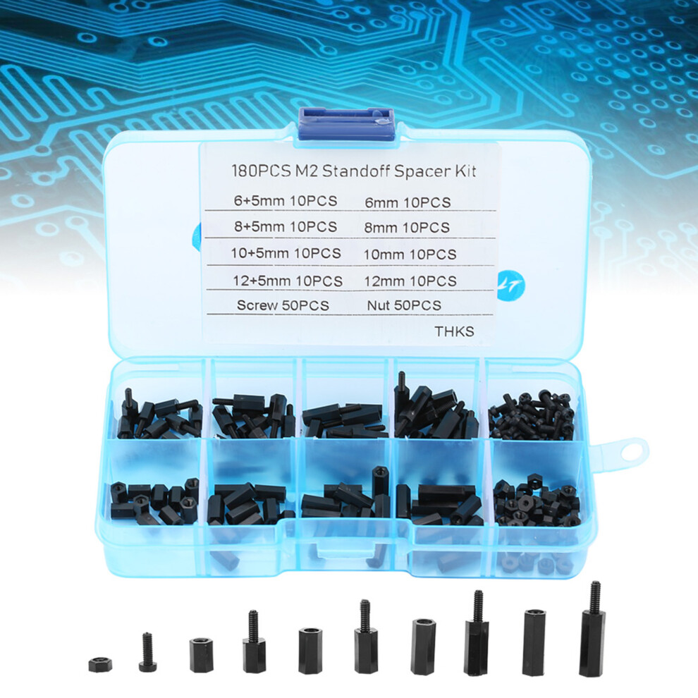 180Pcs Black M2 Male Female Standoffs Screws Nuts Assortment Kit With Box 7691324040433
