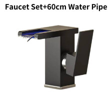 (Black) Rgb Bathroom Led Sink Mixer Tap Temperature Sense Waterfall Change Color Faucet