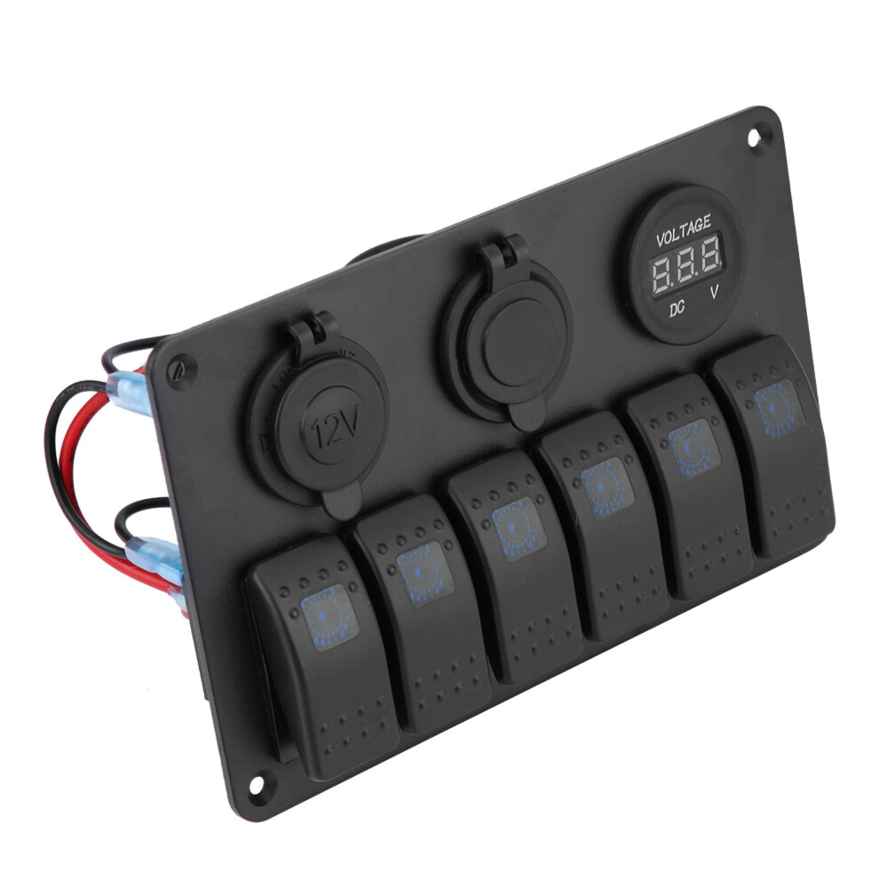 12V 24V 6 Gang Car Boat Led Rocker Switch Panel Dual Usb Voltmeter Cigarette Lighter Blue 7691324047746