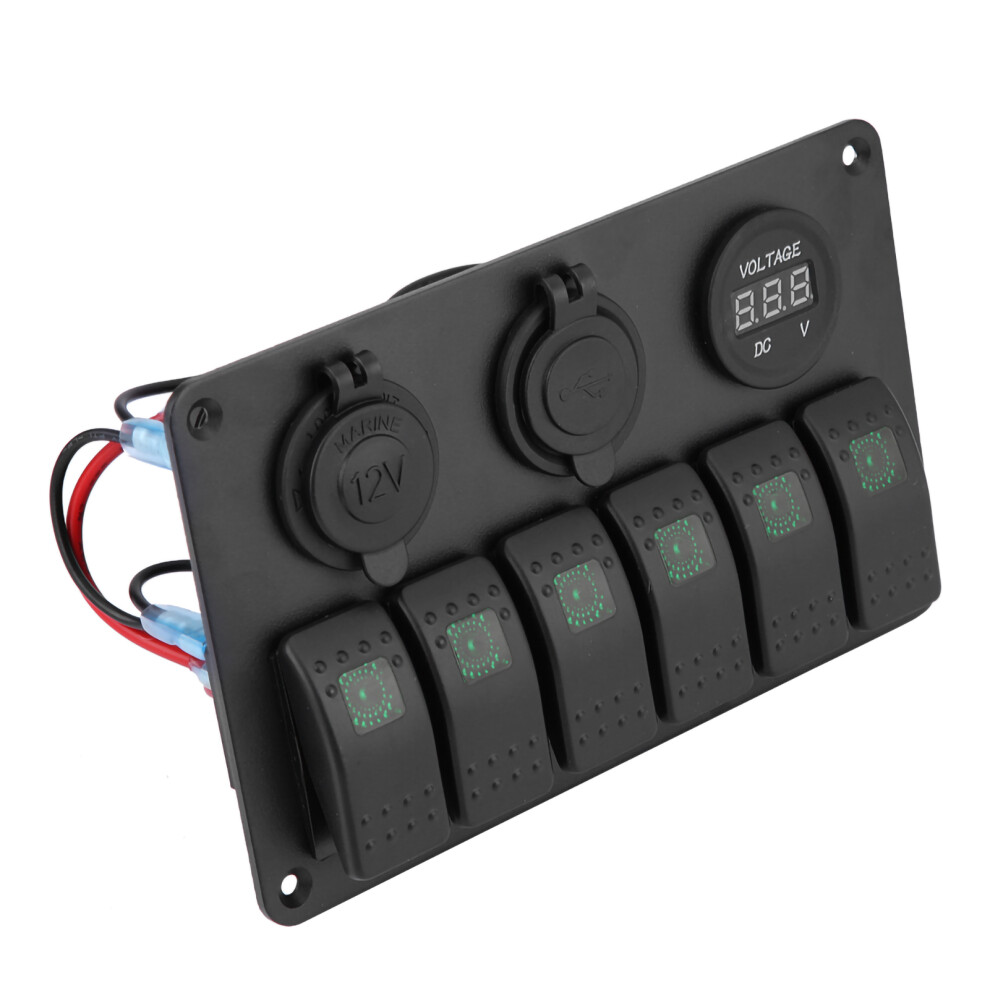 12V 24V 6 Gang Car Boat Led Rocker Switch Panel Dual Usb Voltmeter Cigarette Lighter Green 3301324048226