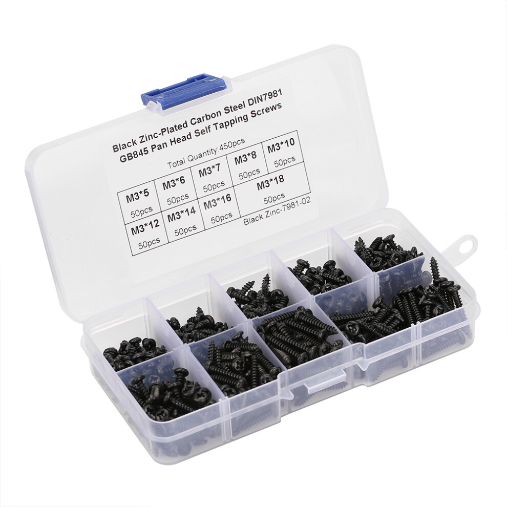 450Pcs Black M3 Cross Pan Head Self Tapping Screws Set Assortment Kit 9491324069636
