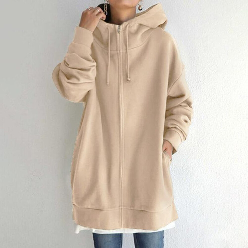 (M, khaki) Oversize Women Sweatshirts Hoodies Winter Zipper Long Pocket Jackets Coat Hoody Ladies Hooded Streetwear Harajuku Fleece Outwear