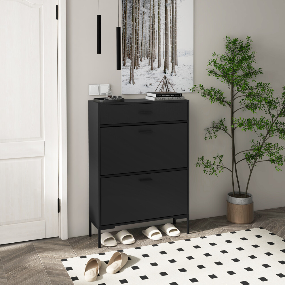 HOMCOM Shoe Storage Cupboard with 2 Flip Doors and Sliding out Drawer, Black