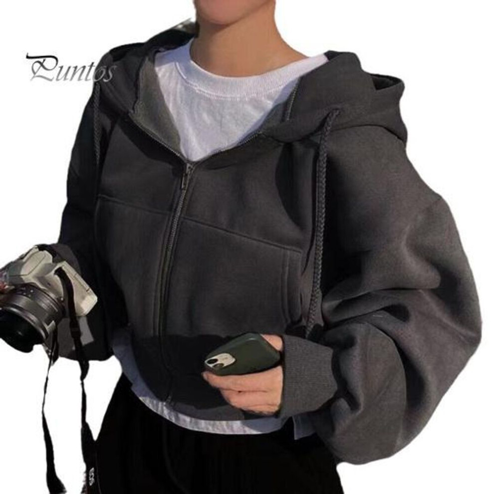 (2XL, black) Autumn Spring Women Coat Hooded Drawstring Long Sleeves Pockets Zip-up Elastic Cuff Hem Loose Sport Hoodie Casual Daily Wear Jacket
