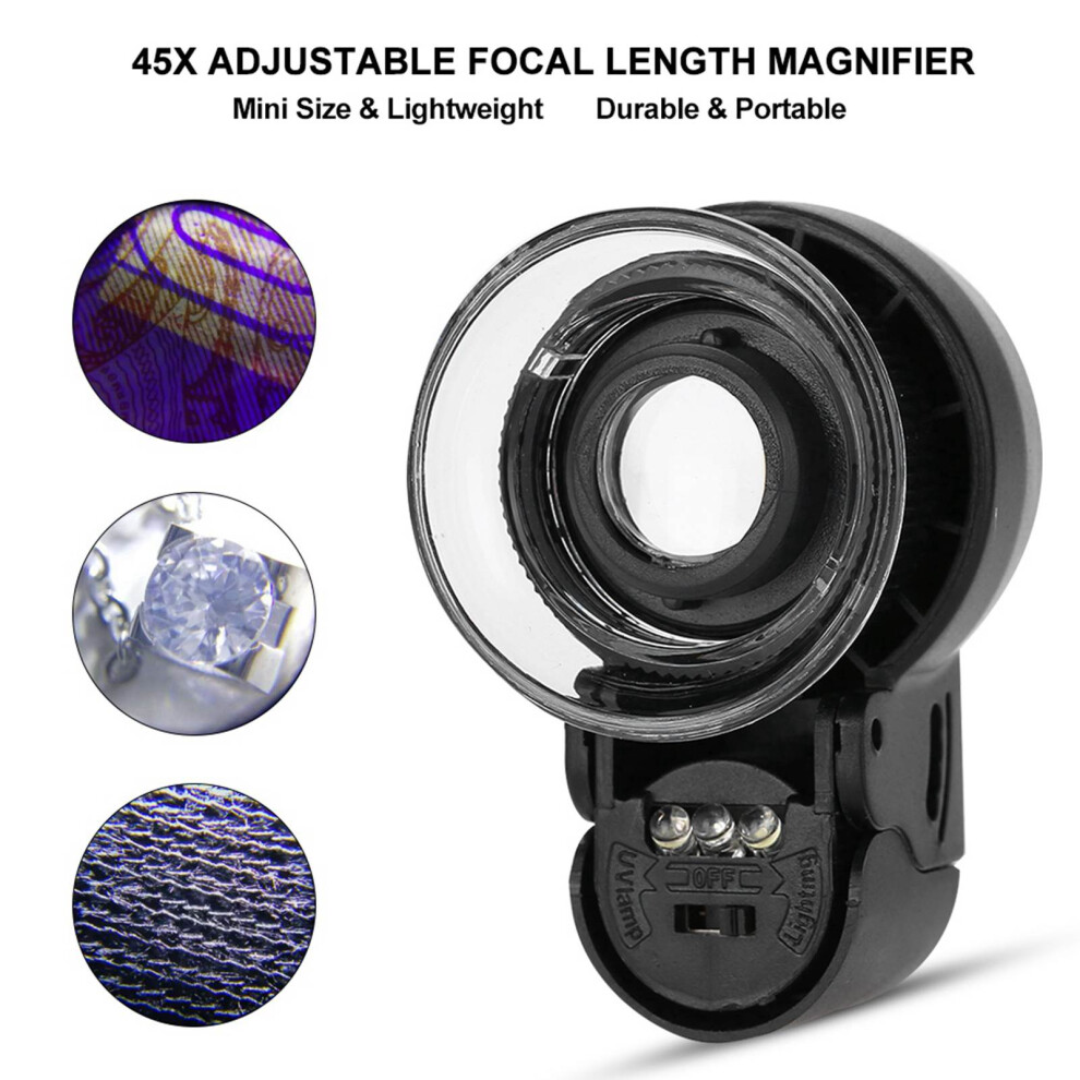 Mini 45X Adjustable Focal Length Loupe Magnifier Magnifying Glass with LED Light