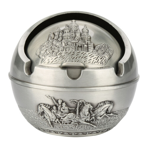 Runder Metall-Reise-Aschenbecher mit Deckel, Silber, 7,5 x 7 cm 2