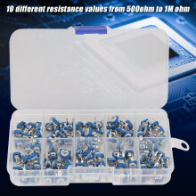 100Pcs 10 Values Blue White Variable Resistor Trimmer Pot Electronic Component with Box RM065