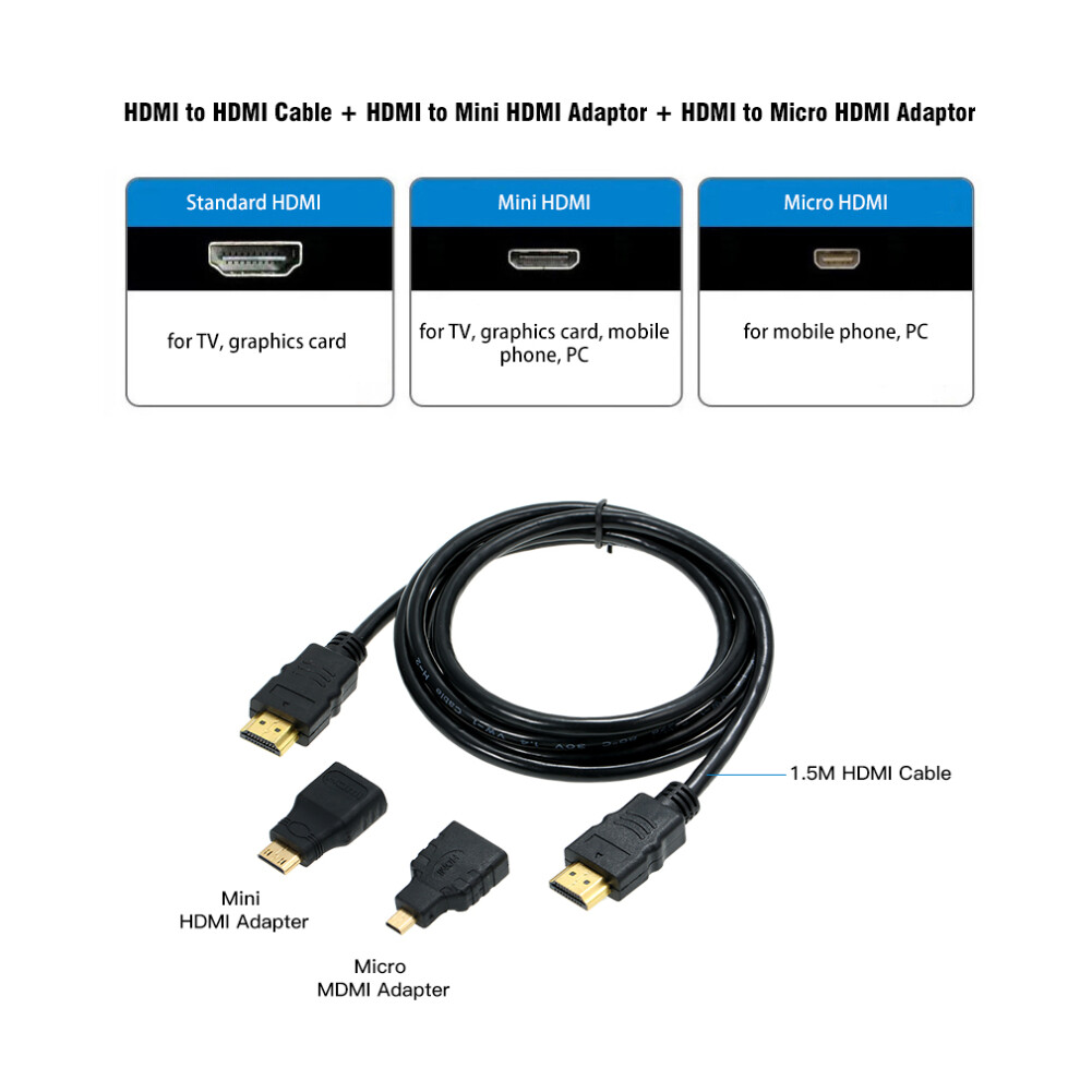 3 In 1 Hd Cable Cord Hd Male To Male Wire Line + Hd Adaptor + Mini Hd Adapter 1.5M 8761324129076