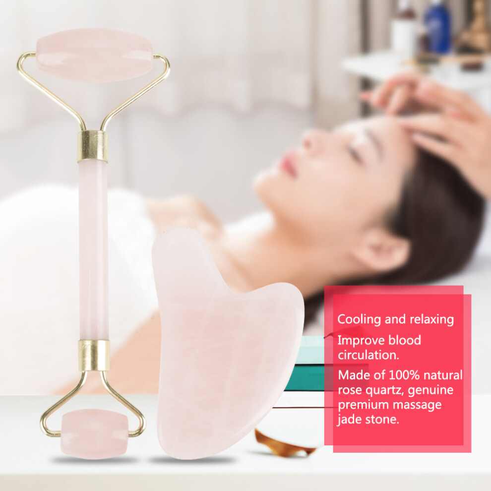 Natural Double Head Rose Quartz Jade Stone Roller & Scrapping Plate Face Massage Tool Kit