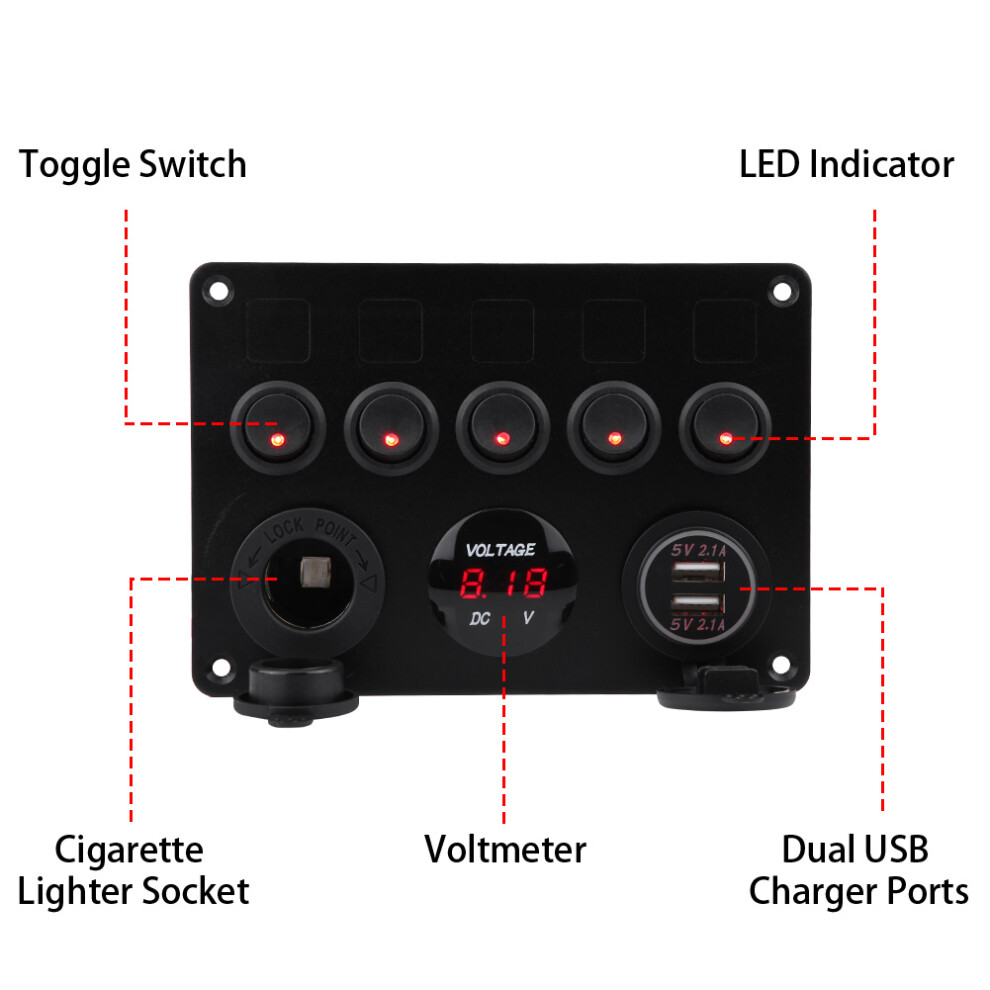 12-24V 5 Gang On/Off Toggle Switch Panel Dual Usb Voltmeter For Car Boat Marine Truck Led Red 8421324163417