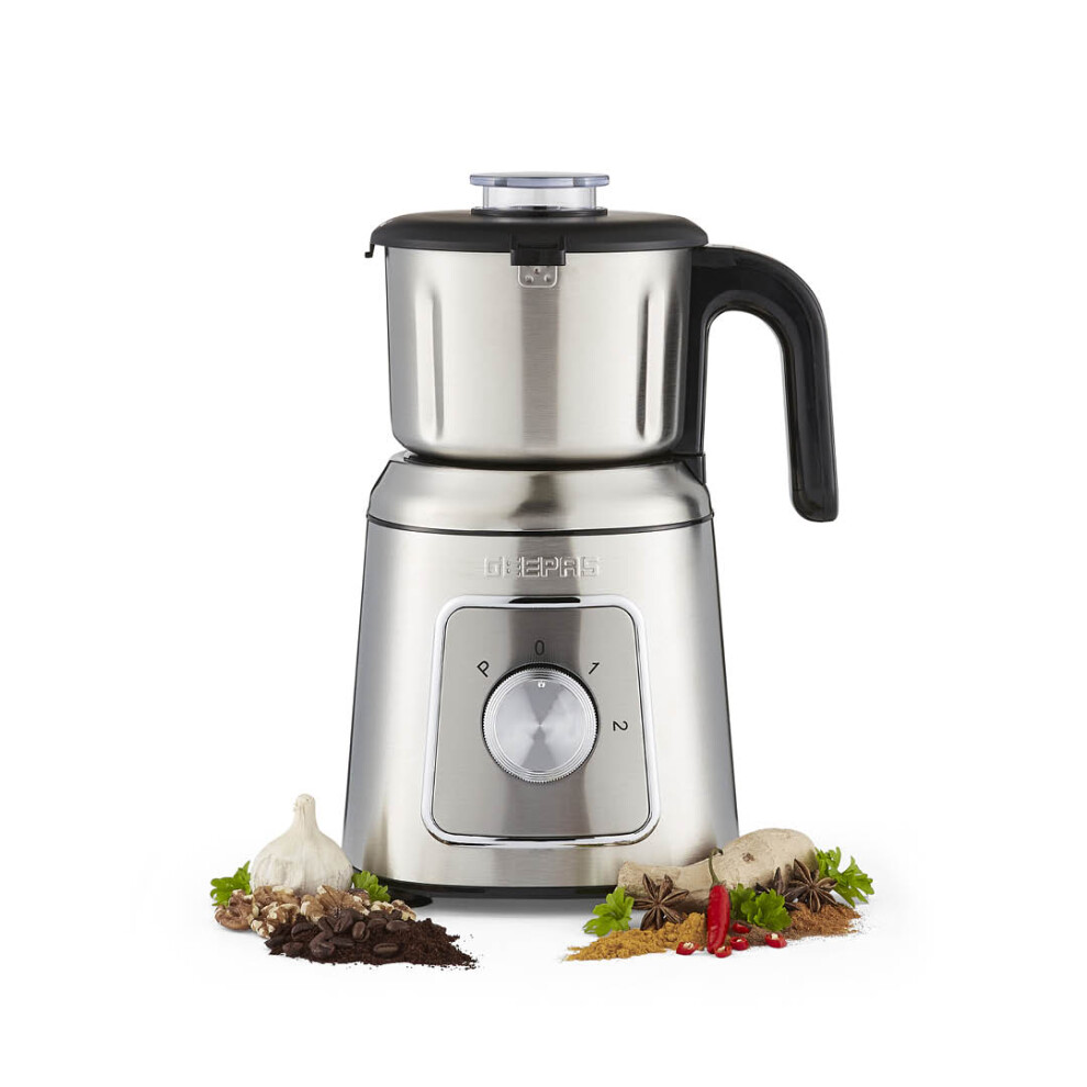 GEEPAS Wet & Dry Mixer Grinder | Electric Coffee Grinder for Dry Spices Chutney & Curries, Stainless Steel Housing | Safety Lock 2 Speed with Pulse