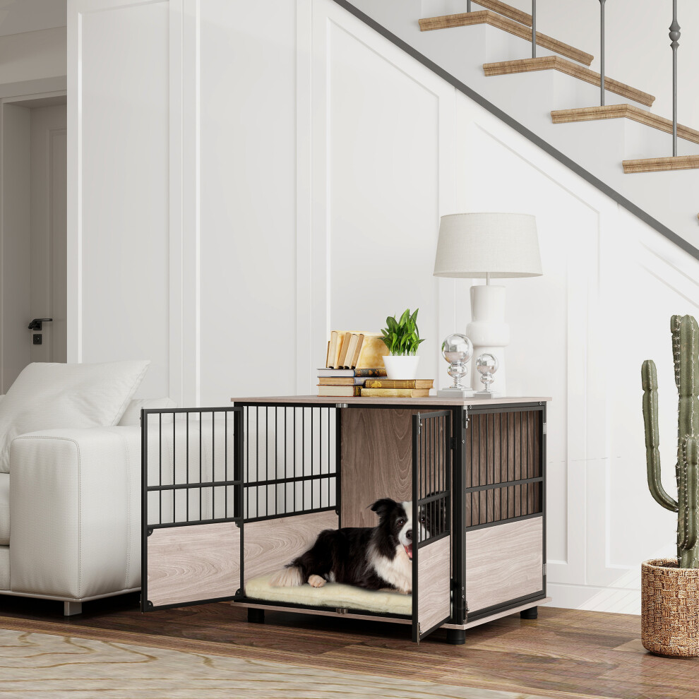 Pawhut 80Cm Dog Crate Furniture Dog Cage End Table Indoor W/ Doors, Cushion