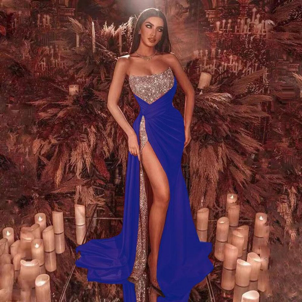 (blue, L) 2024 Women's European & American Sequin Slit Off-shoulder Tube Top Long Evening Dress