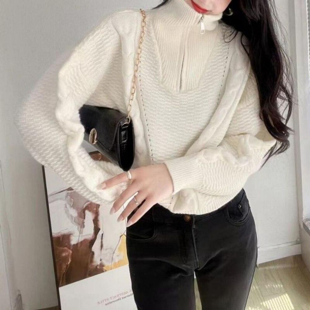 (One Size, white) High Neck Pullover Sweater Women Autumn Winter Small Zipper Loose Long Sleeve Casual Solid Versatile Knitted Sweater Pullover