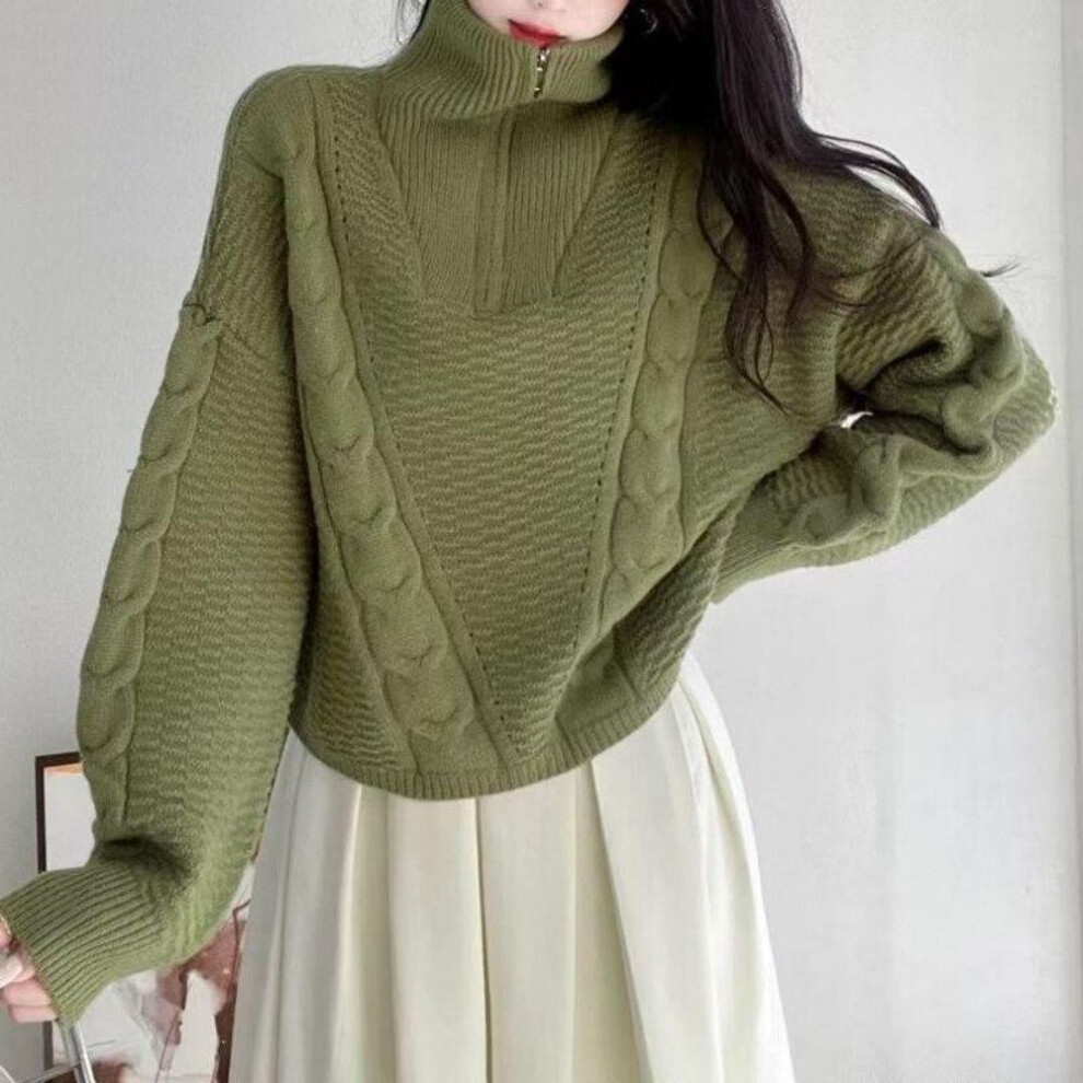 (One Size, green) High Neck Pullover Sweater Women Autumn Winter Small Zipper Loose Long Sleeve Casual Solid Versatile Knitted Sweater Pullover
