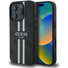 Guess Leather 4G Printed Stripes Hardcase with MagSafe for iphone 16 Pro 6.3" Black - GUHMP16LP4RPSK