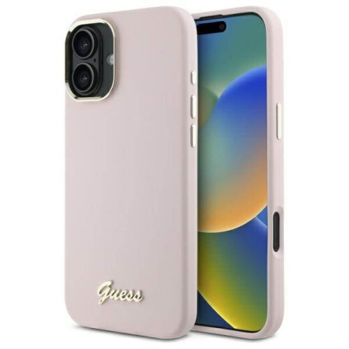 Guess Guess Script Metal Logo & Frame Silicone Case for iPhone 16 6.1" Pink - GUHCP16SSMBSLP