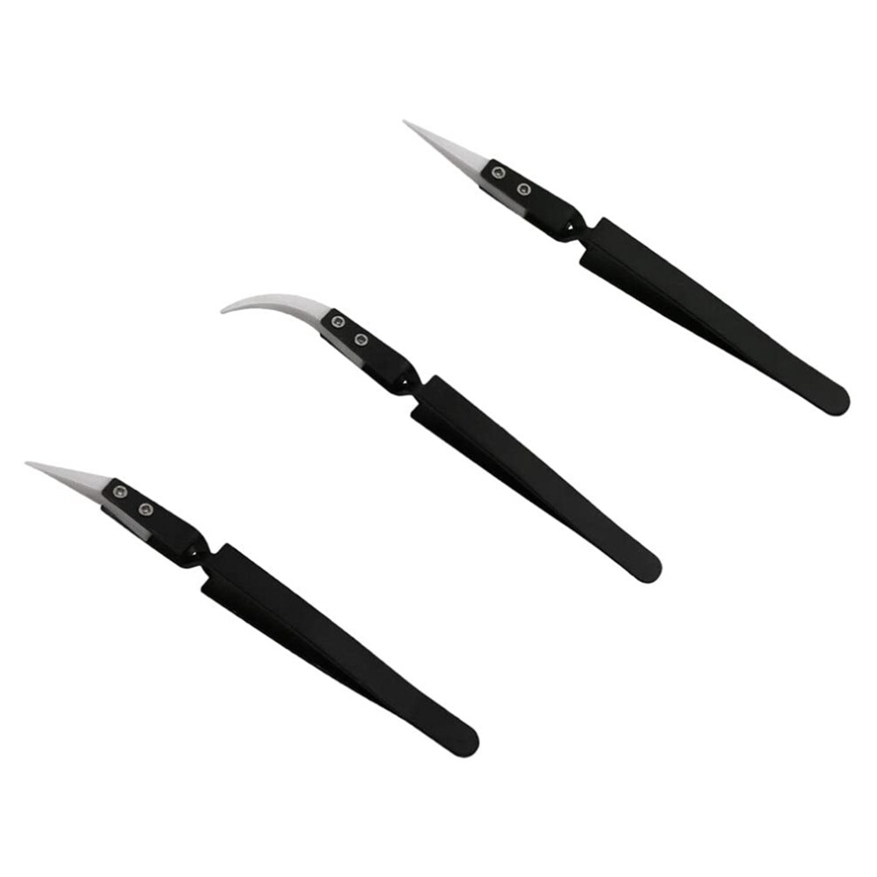 Saudism 3Pcs Anti-Static Reverse Ceramic Tweezer Black