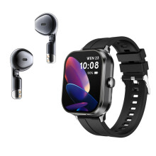 (Black silicone strap) 2-in-1 Smartwatch with Wireless Earbuds – Bluetooth Calling, Music Playback, NFC Access, Fitness Tracker