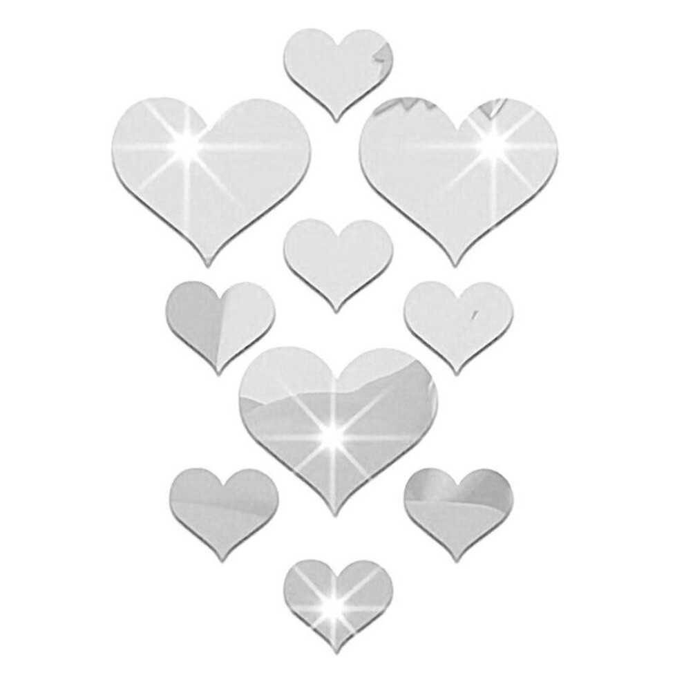 (silver) 10pcs 3D Acrylic Heart-shaped Mirror Wall Stickers Plastic Removable Heart Art Wall Poster Living Room Bedroom Home Decoration
