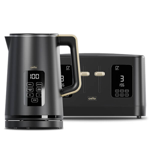 Cello Cello Overture Ash Black 4 Slot Toaster & Kettle