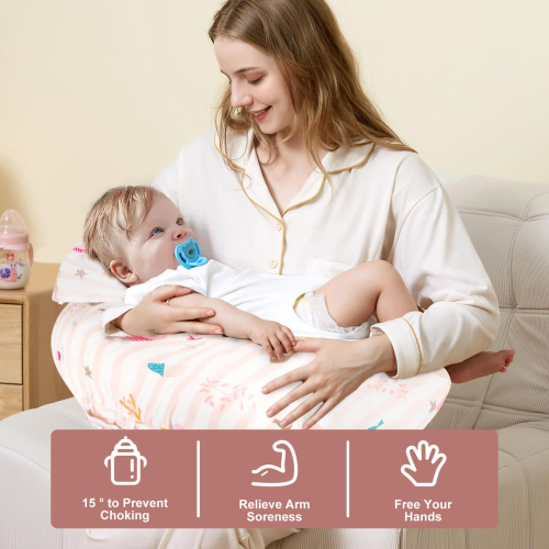 Breastfeeding Pillow for Baby Feeding, 2 in 1 Nursing Pillow with 100% Cotton Removable Cover, Maternity Support Cushion for Breast & Bottle Feeding 1