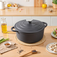 (Matte Black, 2L) Enameled Cast Iron Dutch Oven Pot with Lid