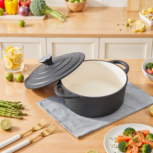 Living And Home (Matte Black, 2L) Enameled Cast Iron Dutch Oven Pot with Lid 2