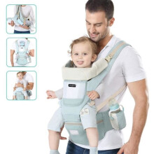 Ergonomische Babytrage mit abnehmbarer Kapuze, bequemer Sitz aus atmungsaktiver und verstellbarer Baumwolle – Blau – 0–36 Monate