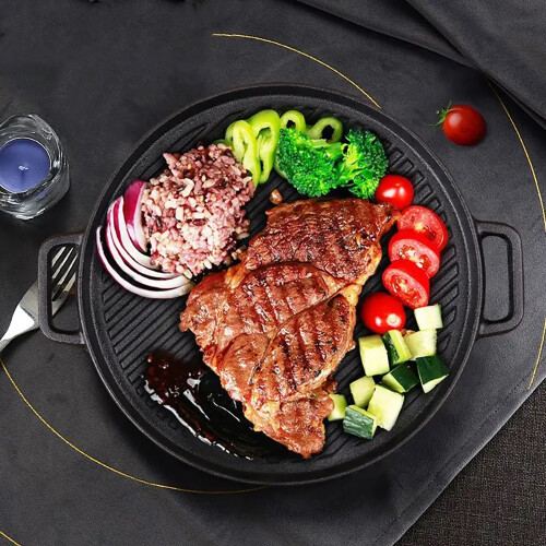Living And Home 32.5CM Pre-Seasoned Double-sided Round Cast Iron Grill Pan 1