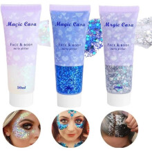 Glitter gezichtsgel, glitter haar, glitter lichaamsmake-up, glitter nagels en gezicht