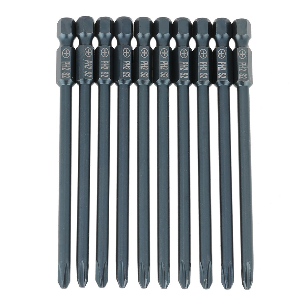 10Pcs S2 Steel Cross Head Ph2 Screwdriver Bits Set 1/4Inch Hex Shank 100Mm 7891324260521