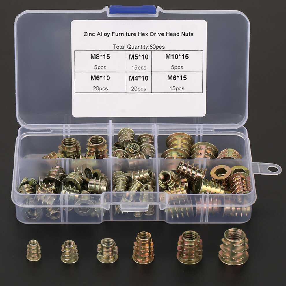 80pcs M4/M5/M6/M8/M10 Zinc Alloy Screw in Type Hex Drive Threaded Furniture Insert Nuts Set