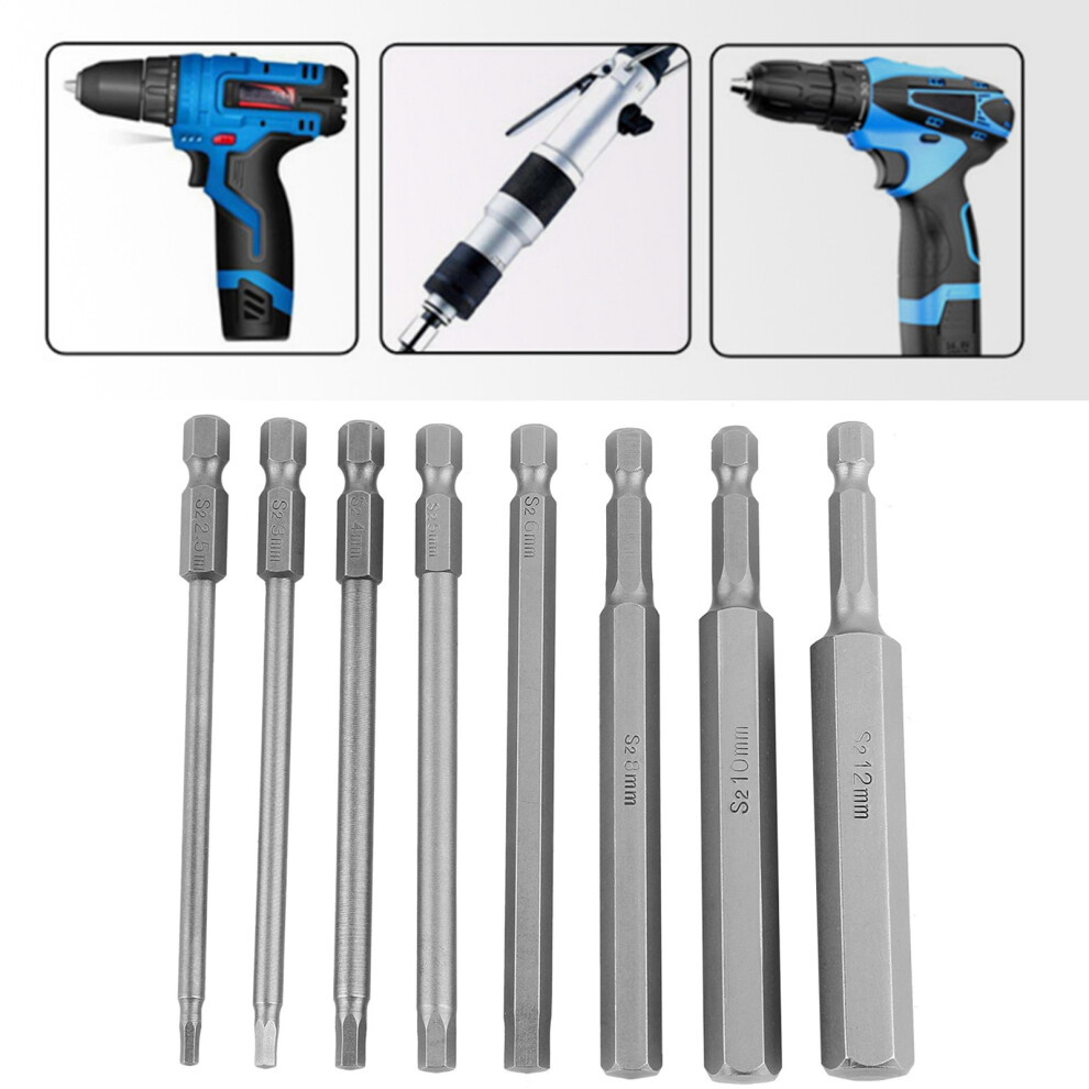 8Pcs 100Mm Length 1/4" Hex Shank Head Bst Screwdriver Bit 2.5-12Mm Set Kit 8121324267619