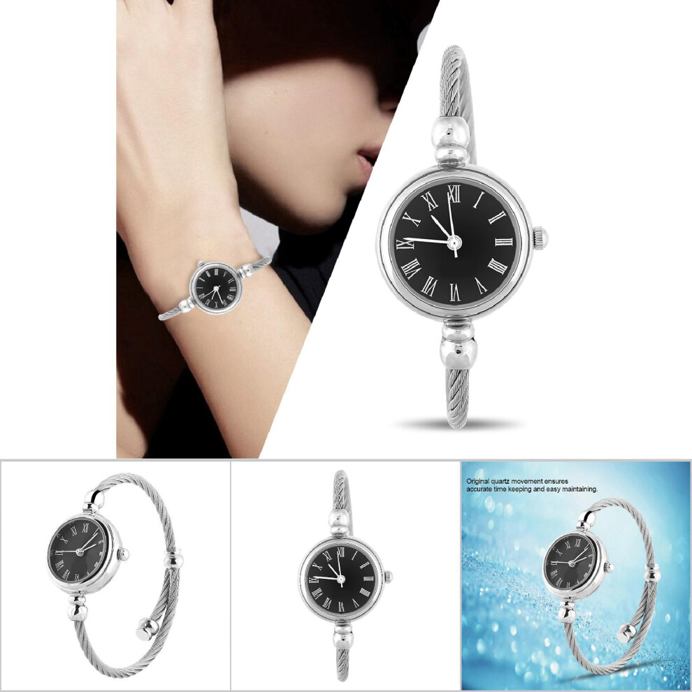 Lady Analog Round Quartz Alloy Strap Open Bracelet Watch Wristwatch (Roman Numerals Dial) Black