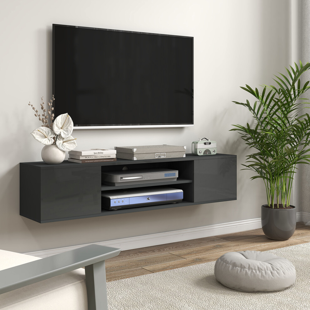HOMCOM Floating TV Unit Grey - Wall Mounted - 2 Cabinets & 2 Shelves - 140W x 30D x 30Hcm - Max 60" TV - Image 3