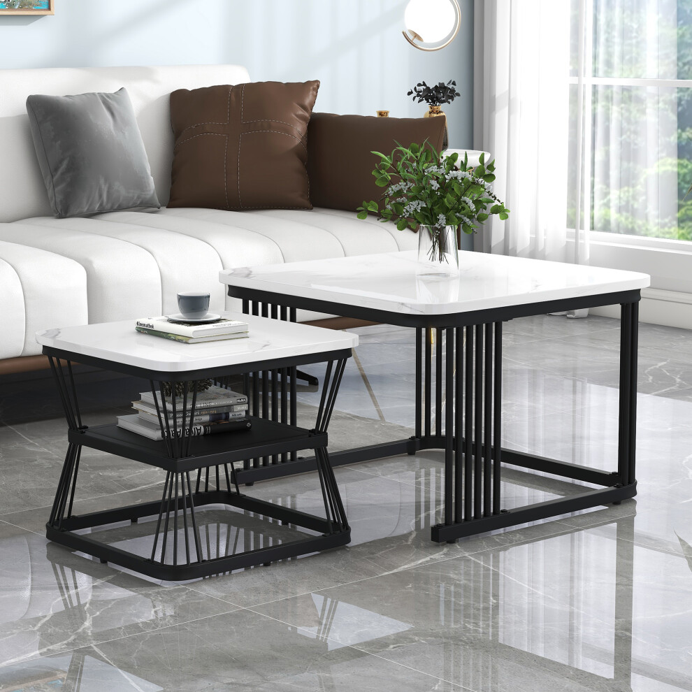 Set of 2 Square Nesting Coffee Tables with Black Metal Legs and White Marble Top for Living Room