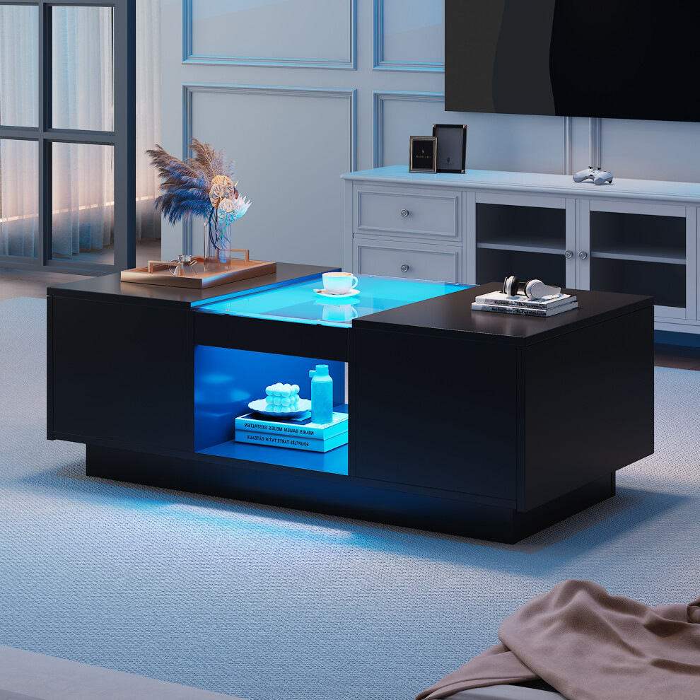 Stylish Modern LED Coffee Table with 2 Tiers&Drawers for Living Room Storage-Black Finish-image-OPC-PHWHGGB-NEW