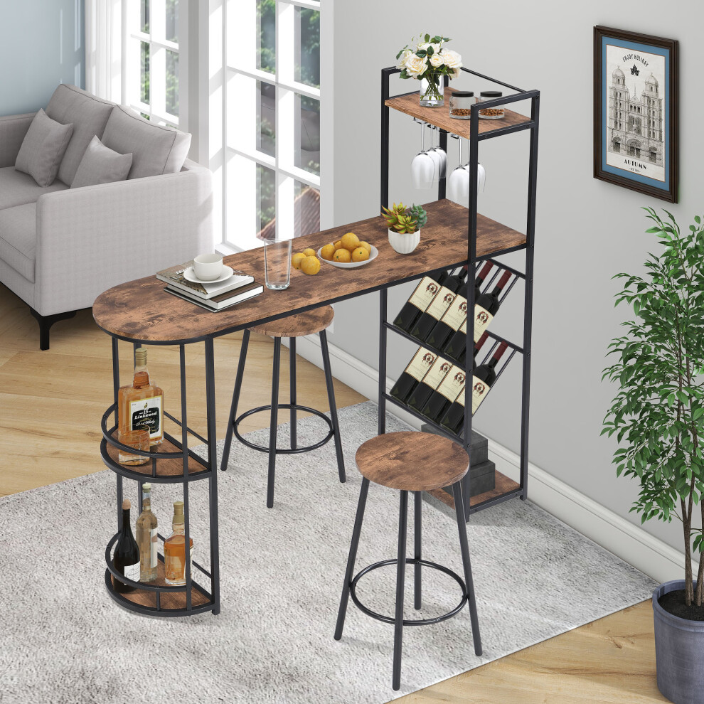 Industrial Bar Table Set with 2 Chairs-Counter Height Dining Table with Wine Rack&Storage Solution