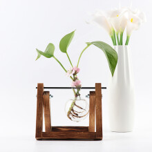 Vintage Wooden Frame Vase Plant Terrarium with Wooden Stand Glass Vase Desktop Glass Planter for Home Office Decoration