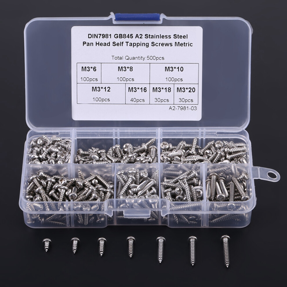 500Pcs M3 Cross Drive Button Head Self Tapping Screws Assortment Set Stainless Steel 304 3191324293722